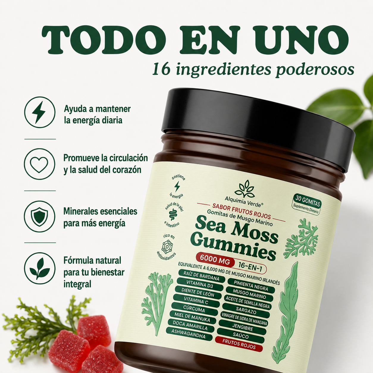 Gomitas de Musgo Marino 16-en-1 — Para Presión Arterial y Salud del Corazón